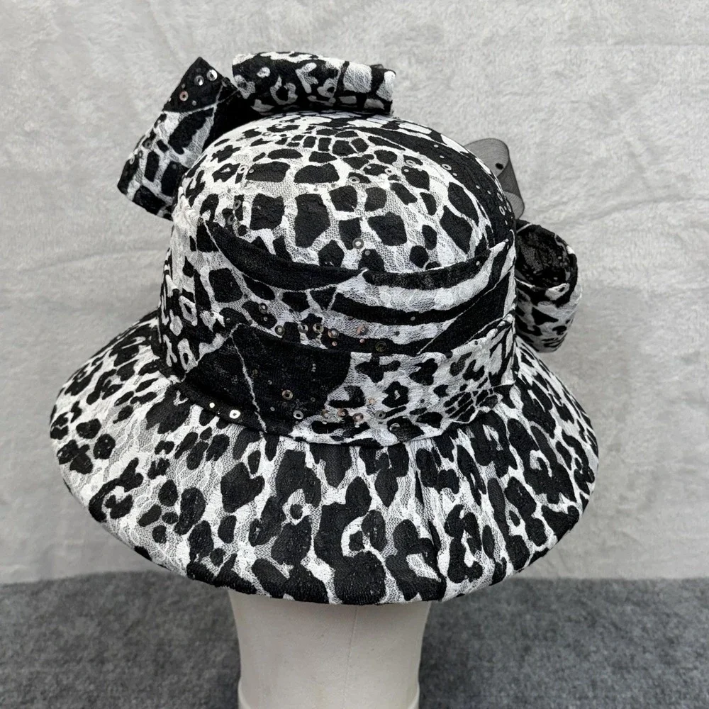 NIGHT STUDIO Hat Cloche Womens Church Kentucky Derby Black Animal‎ Print Sequin